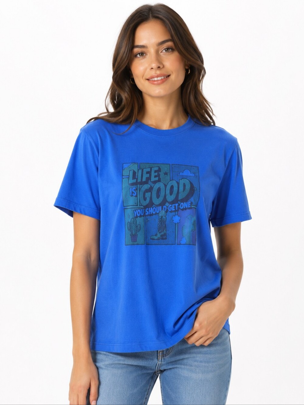 Gildan Womens Blue Western Graphic Tee Cowboy Boots Cactus Southwestern T-Shirt